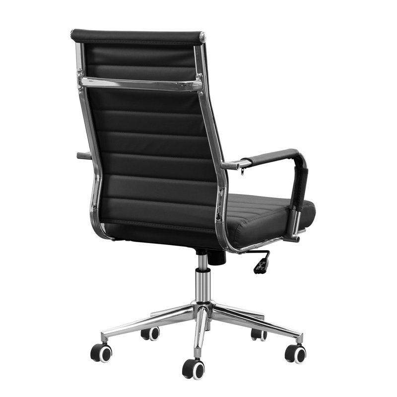 Amaiia Mid Back Ribbed Leather Upholstered Adjustable Swivel Rolling Ergonomic Office Desk Chair Ivy Bronx Upholstery Color Blue